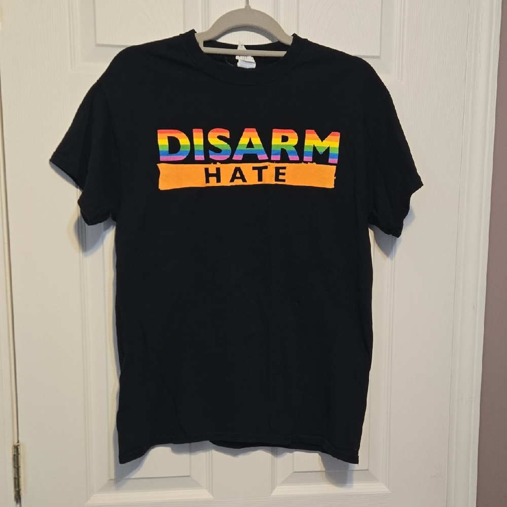 Black "DISARM HATE" Graphic Tee with Rainbow Lettering